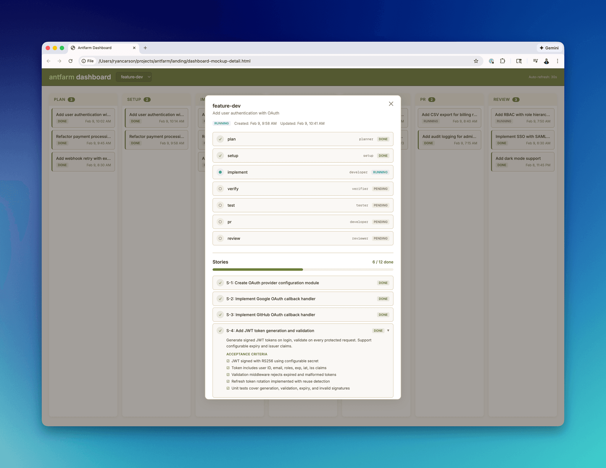 Agent Mission Control detail view with story checklist and progress